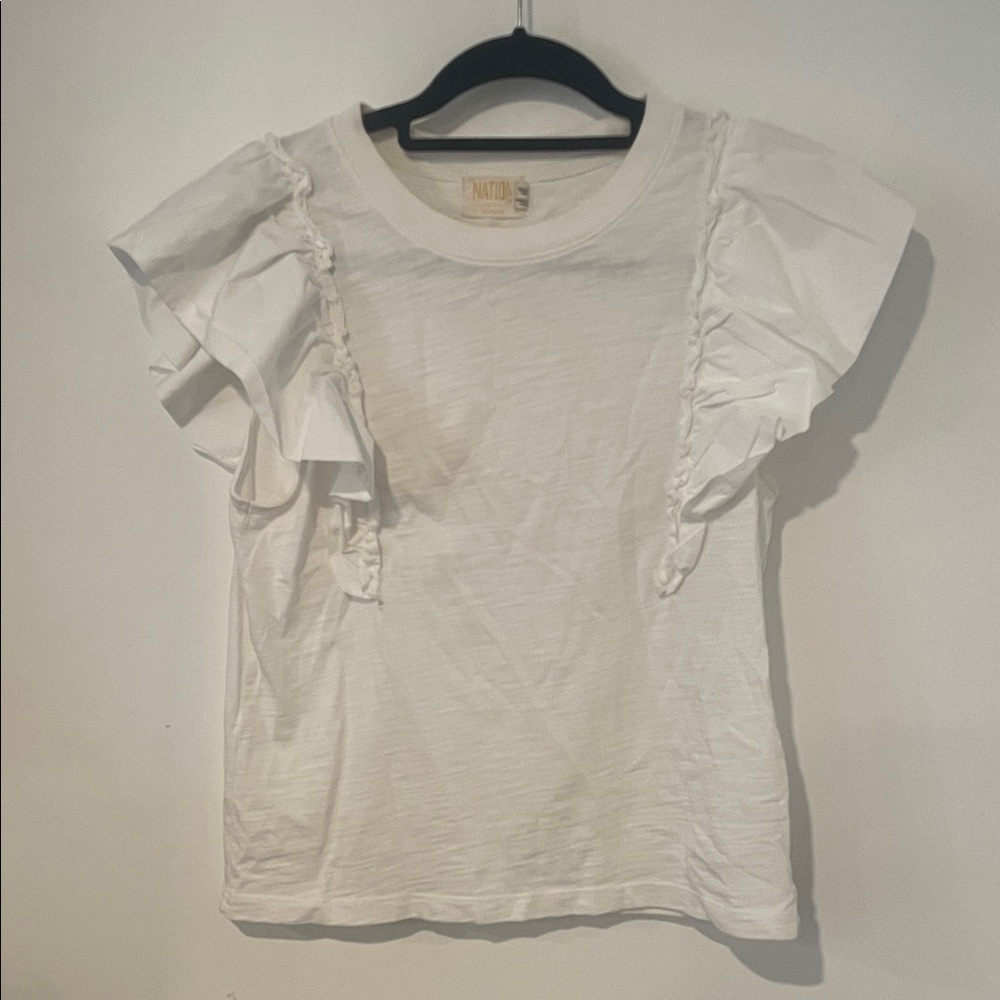 Nation LTD White Ruffle Sleeve Tee